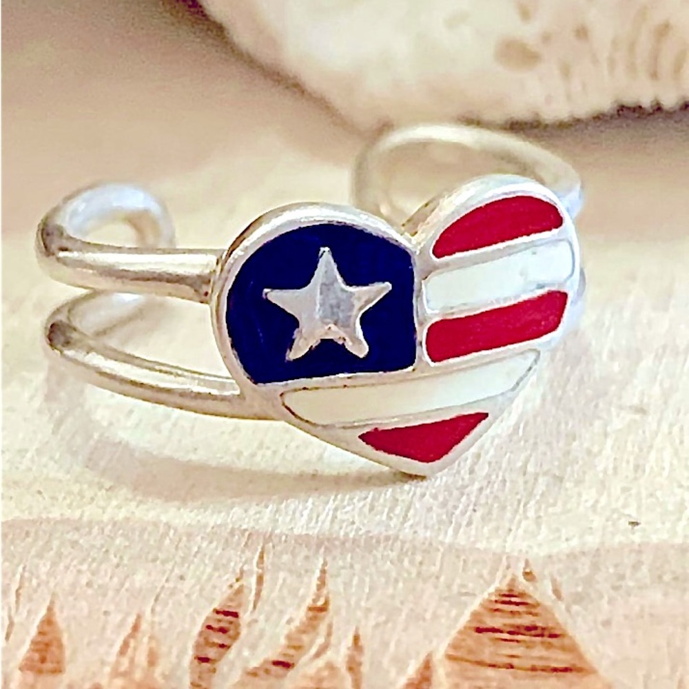 Vintage Toe Ring Sterling Silver Avon 925 Patriotic enamel American Flag Heart